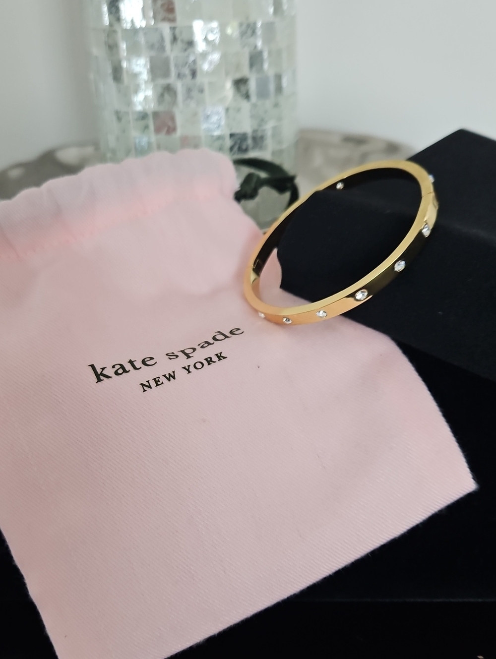 kate spade Gold W/ Rhinestones Bangle Bracelet, Hinge Clasp, EC, Includes Dusty - Picture 6 of 8